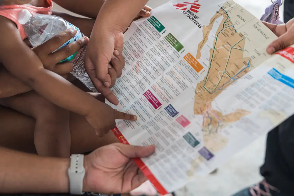 Un mapa de MSF que proporciona información sobre áreas donde los migrantes pueden acceder a algunos servicios básicos, incluida la atención médica, a lo largo de la ruta migratoria en México.