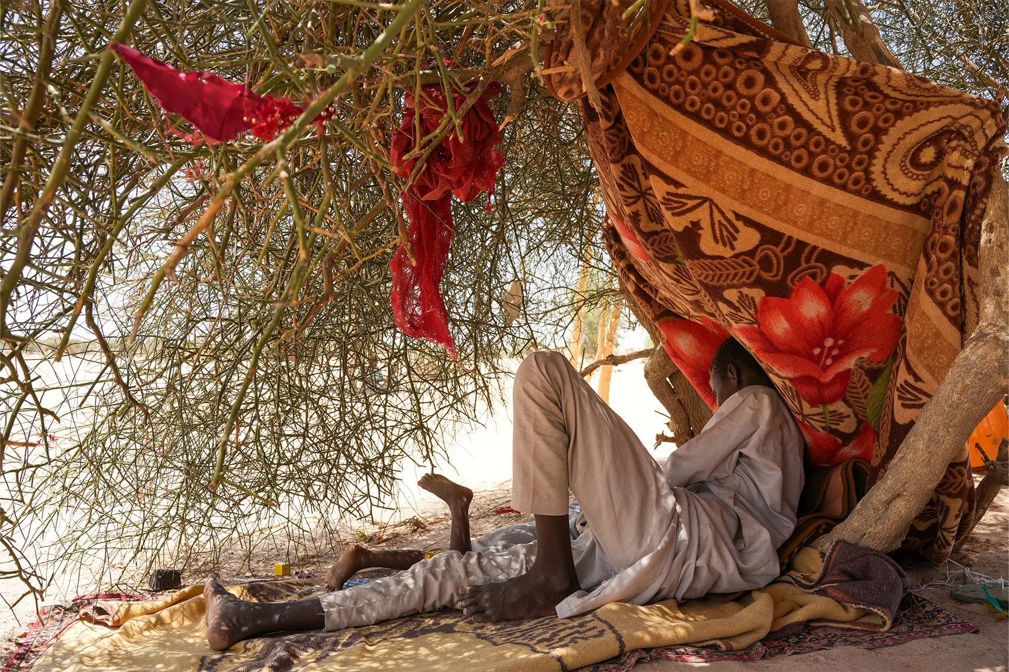 Ayman y Amani juegan en su refugio improvisado bajo un árbol en el campamento de tránsito de Tine, mientras su tía, Halima Suleyman, de 40 años, cuenta la historia de su familia.
