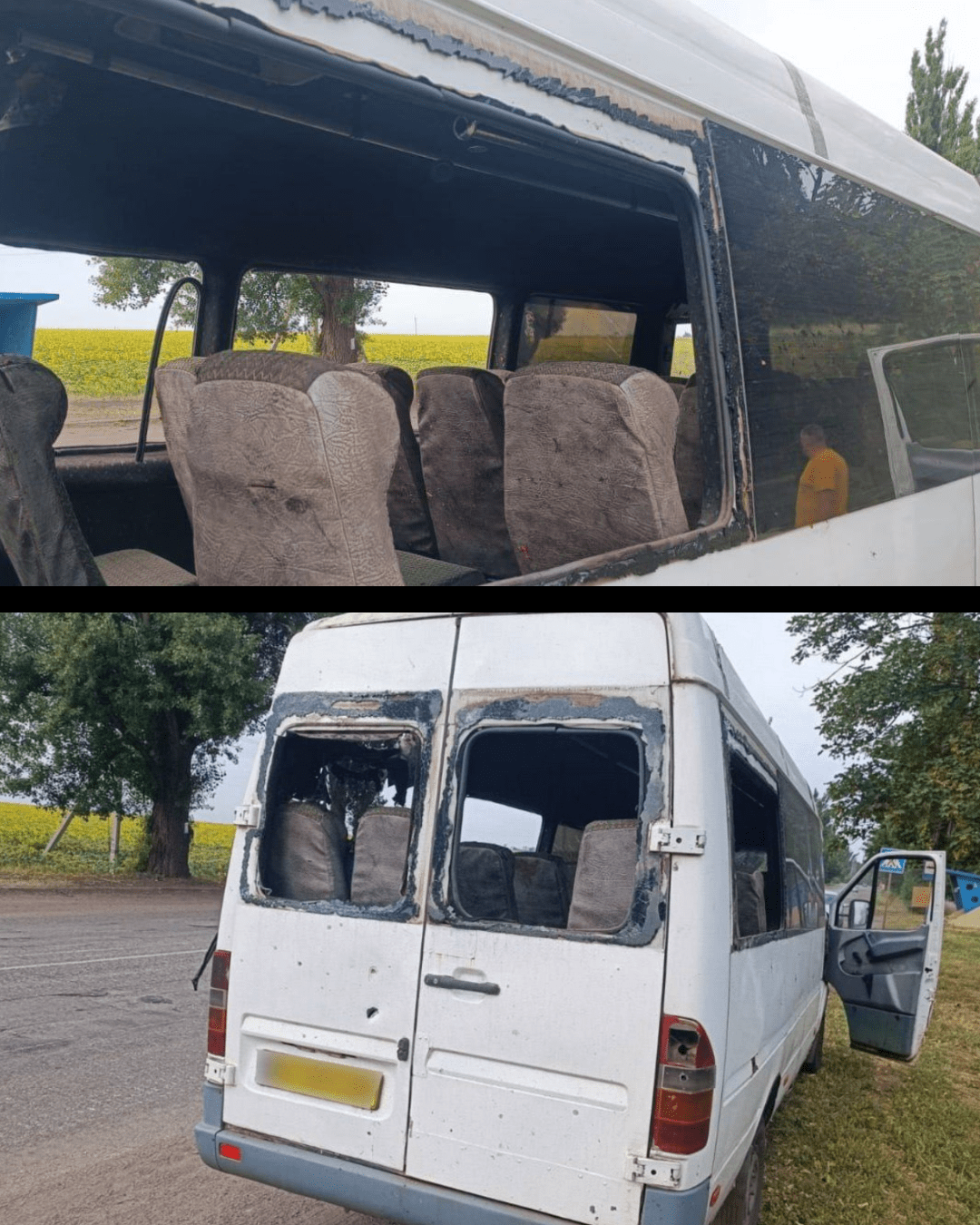 El transporte atacado en Ucrania.