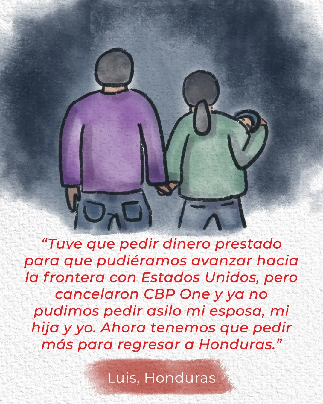 Ilustración que muestra a Luis, un hombre migrante que conoció a nuestro equipo en Guatemala.